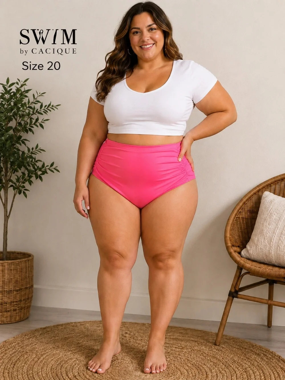 SWIM by Cacique Size 20 Hot Pink High Waisted Ruched Bikini Bottom Plus Size